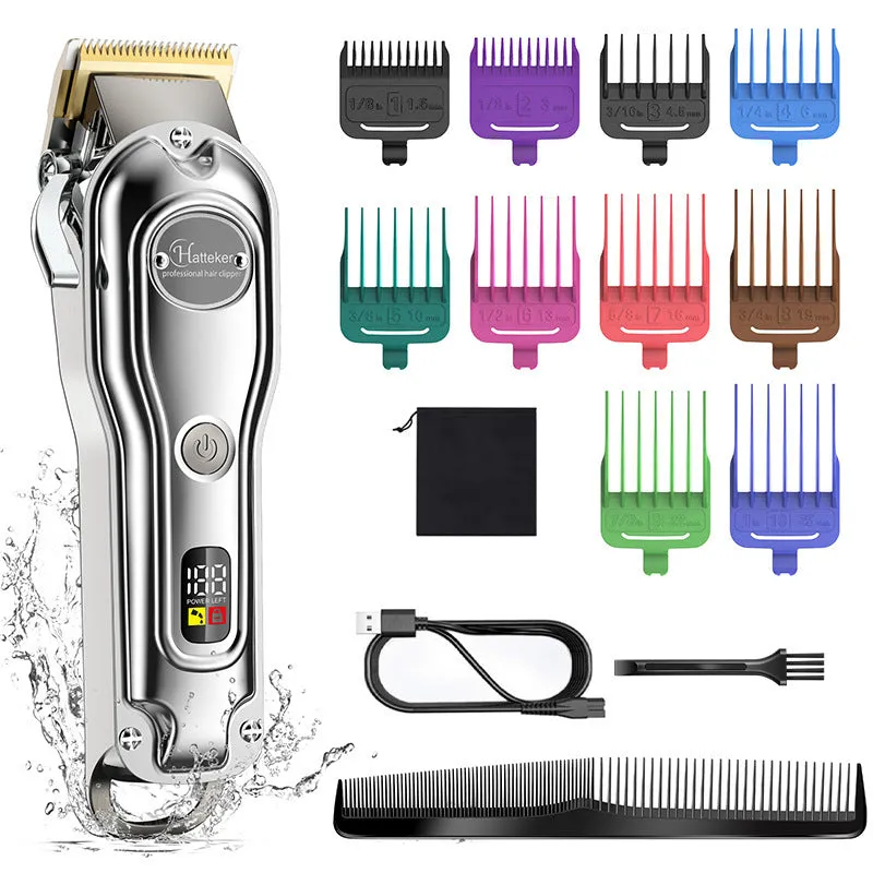 Silver electric hair clipper with LCD display, metal body, ten guide combs, cleaning brush, oil bottle, and storage bag.
