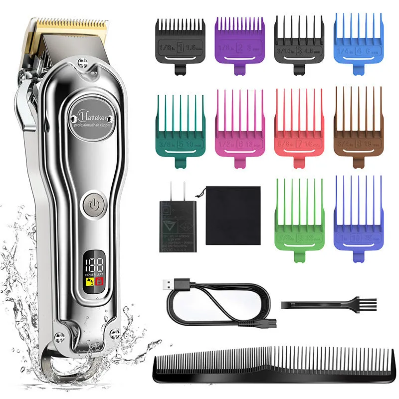 Silver electric hair clipper with LCD display, metal body, ten guide combs, cleaning brush, oil bottle, and storage bag.