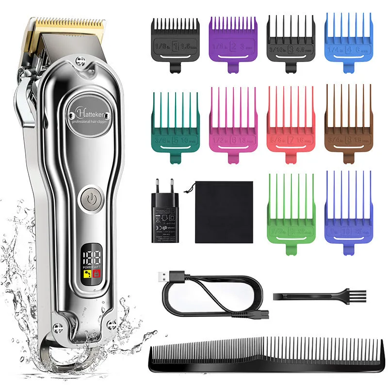 Silver electric hair clipper with LCD display, metal body, ten guide combs, cleaning brush, oil bottle, and storage bag.
