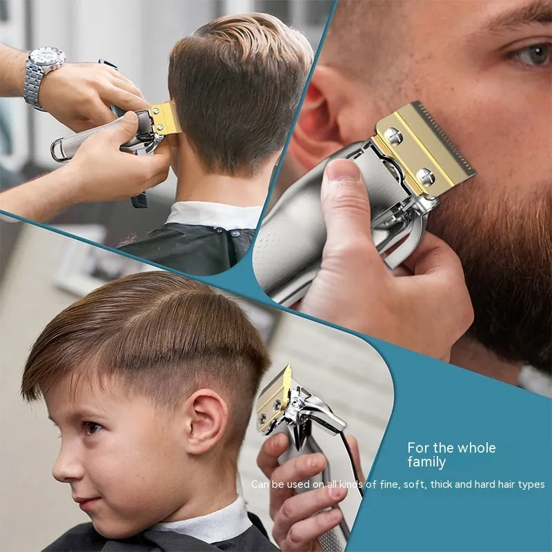 Silver electric hair clipper with LCD display, metal body, ten guide combs, cleaning brush, oil bottle, and storage bag.