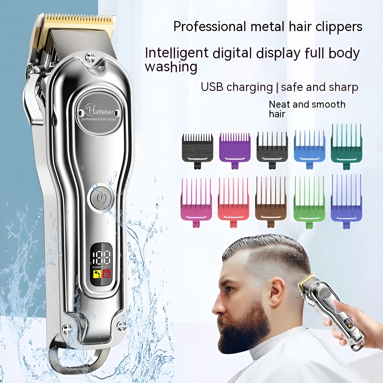 Silver electric hair clipper with LCD display, metal body, ten guide combs, cleaning brush, oil bottle, and storage bag.
