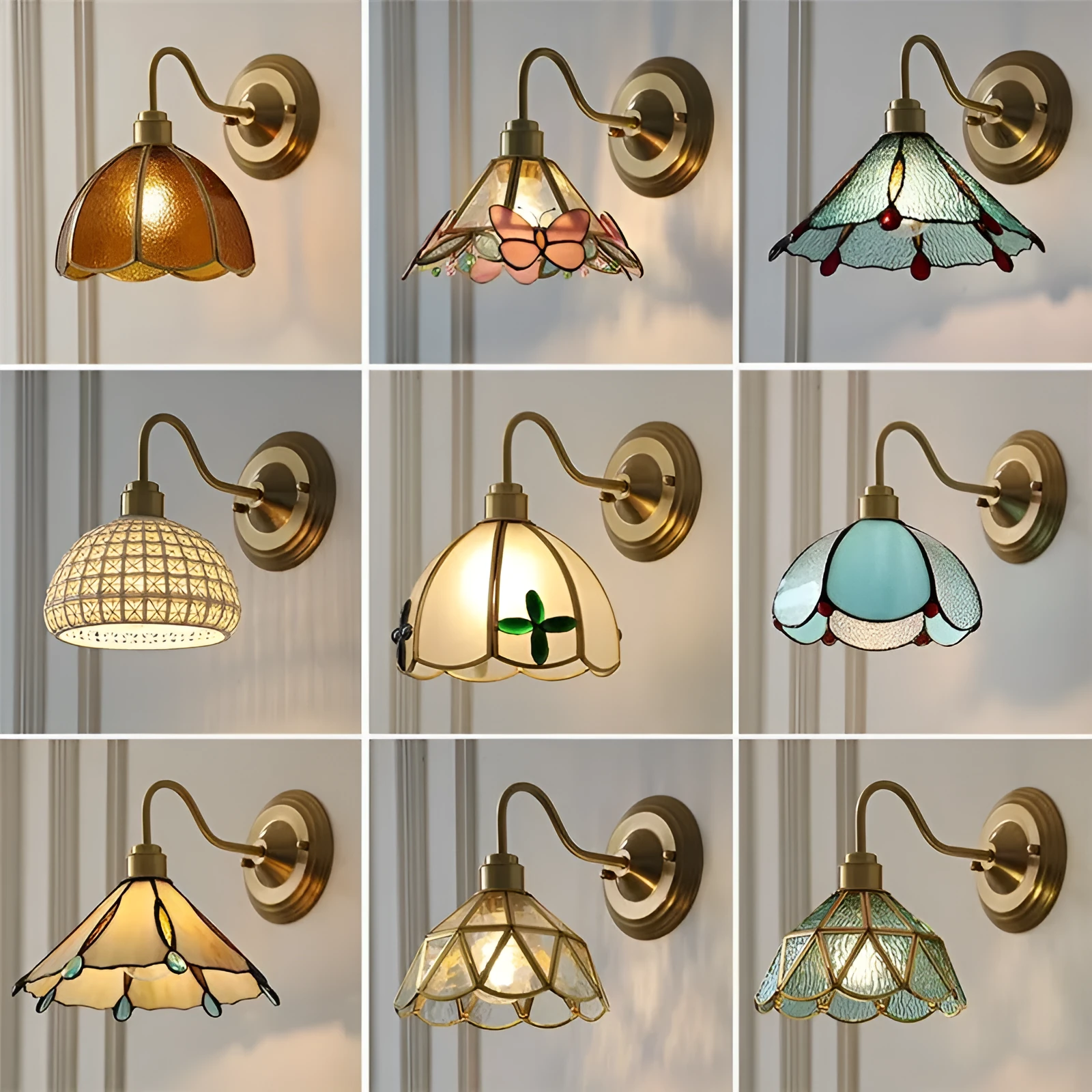 Retro brass glass wall lamp with stone pattern shade in transparent colour, mounted on a wall