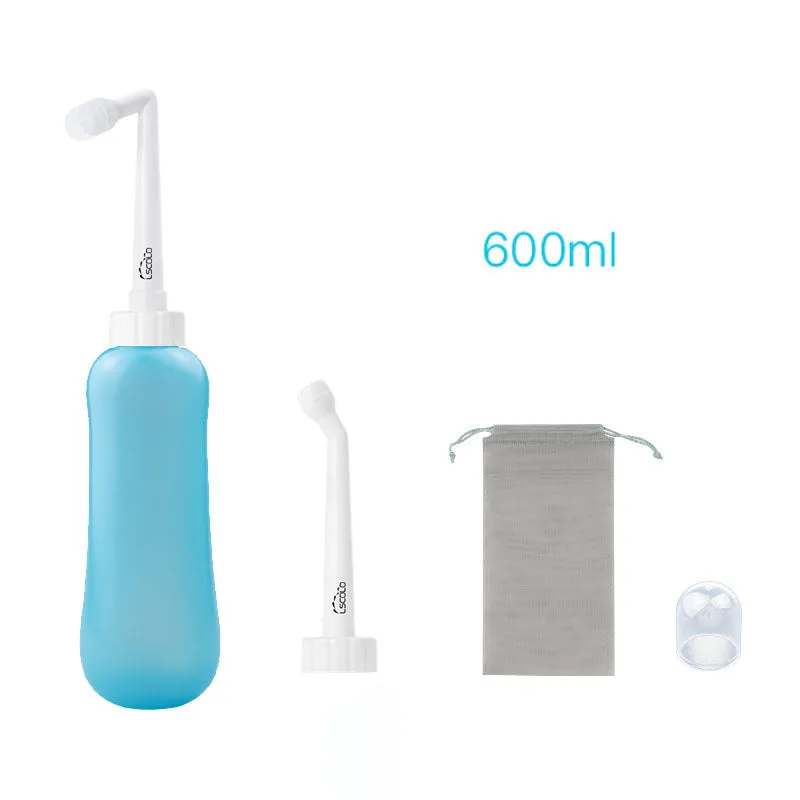 Portable female washer irrigator in blue 450ml with telescopic elbow nozzle on white background