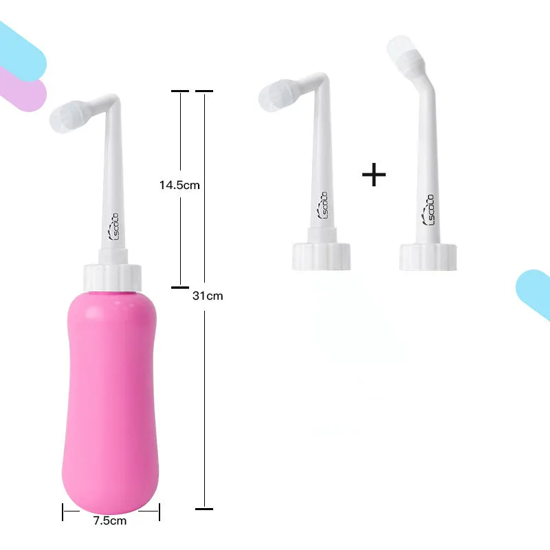 Portable female washer irrigator in blue 450ml with telescopic elbow nozzle on white background