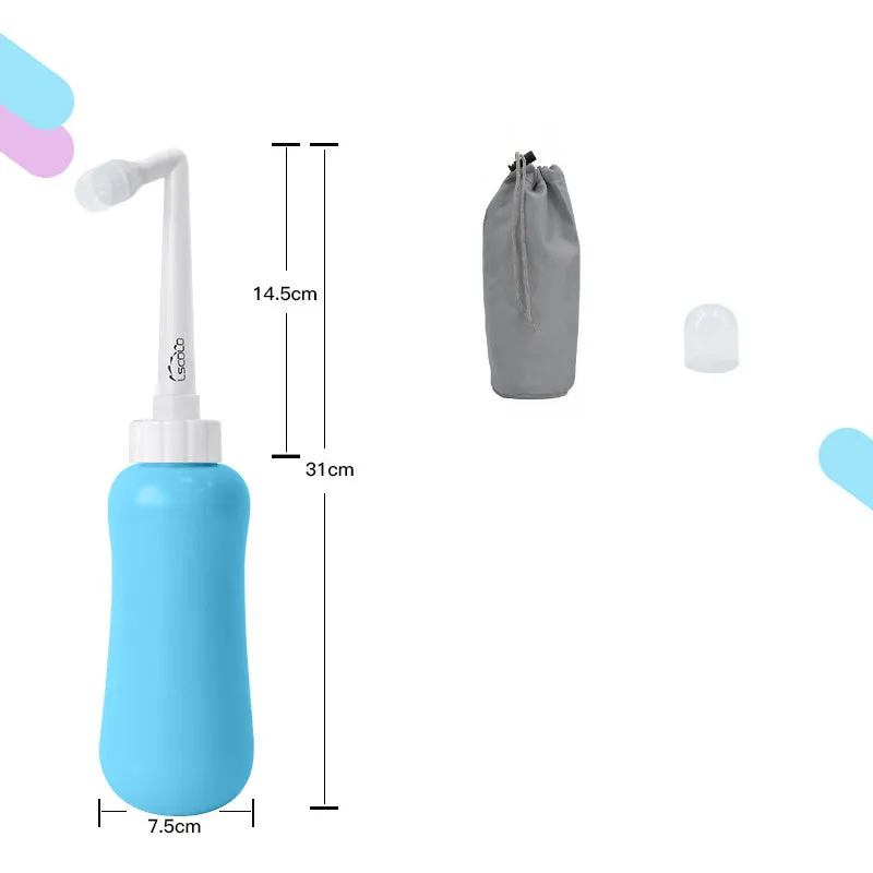 Portable female washer irrigator in blue 450ml with telescopic elbow nozzle on white background