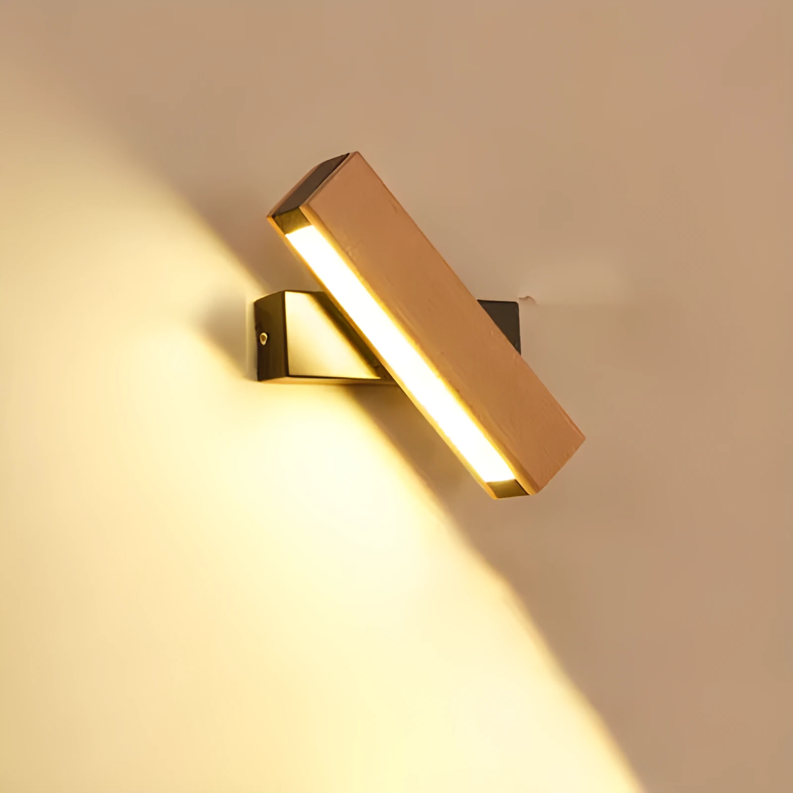 Modern wooden LED wall lamp with adjustable light bar in black finish illuminating room