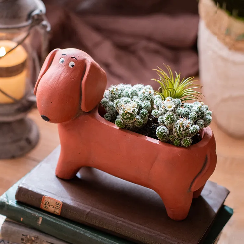 Cement sausage dog flower pot medium floor planter 15x20.5x10cm with drainage hole