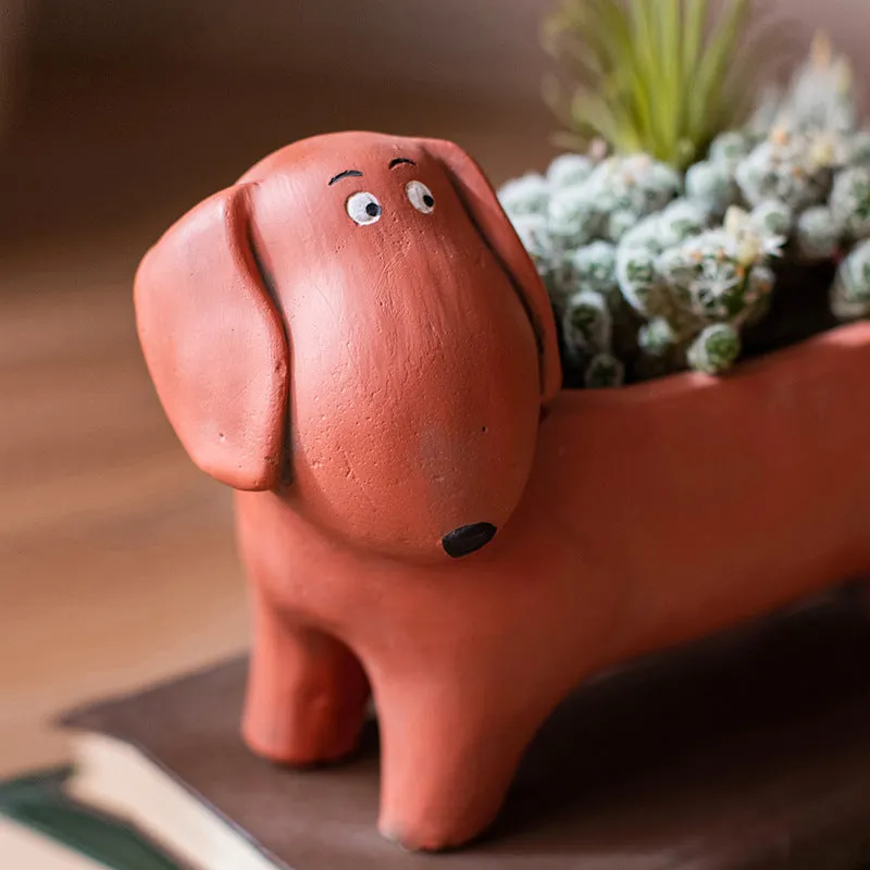 Cement sausage dog flower pot medium floor planter 15x20.5x10cm with drainage hole