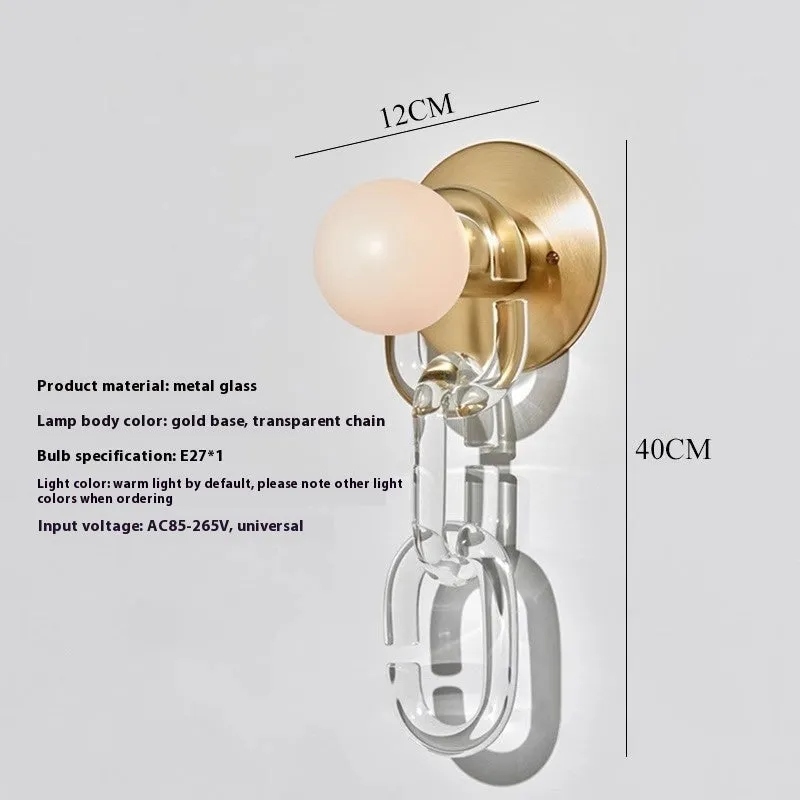 Simple glass ball bedroom wall lamp with black base and milky white chain, warm LED light