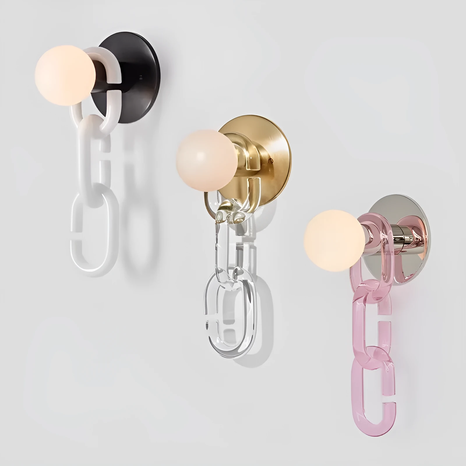 Simple glass ball bedroom wall lamp with black base and milky white chain, warm LED light