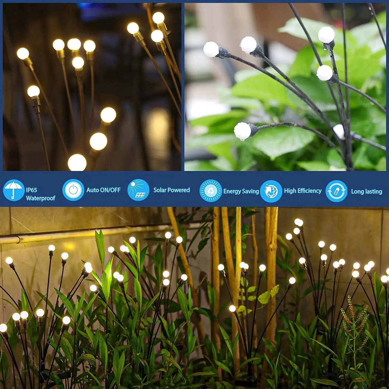 Solar-powered LED firefly garden spike light with multiple heads and a press-in ground plug on grass.