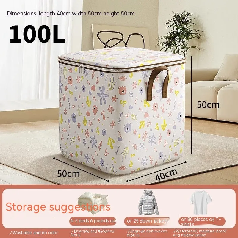 Non-woven fabric storage box with cartoon bear joint-name design, 100L capacity, cube shape for stacking in bedroom