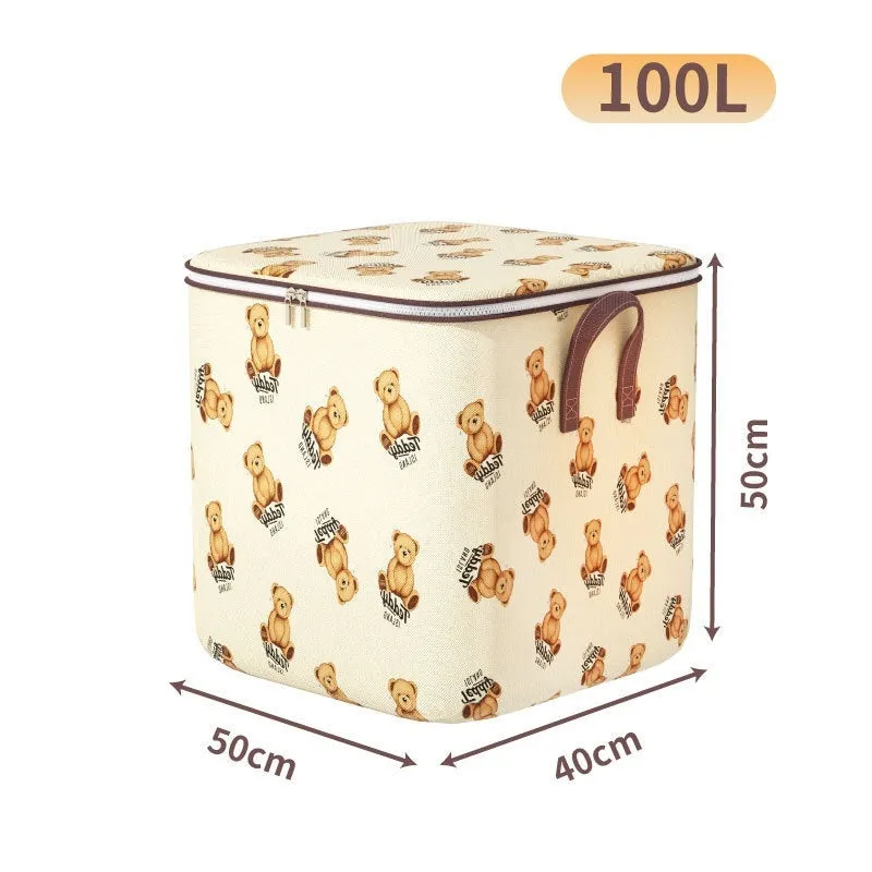 Non-woven fabric storage box with cartoon bear joint-name design, 100L capacity, cube shape for stacking in bedroom