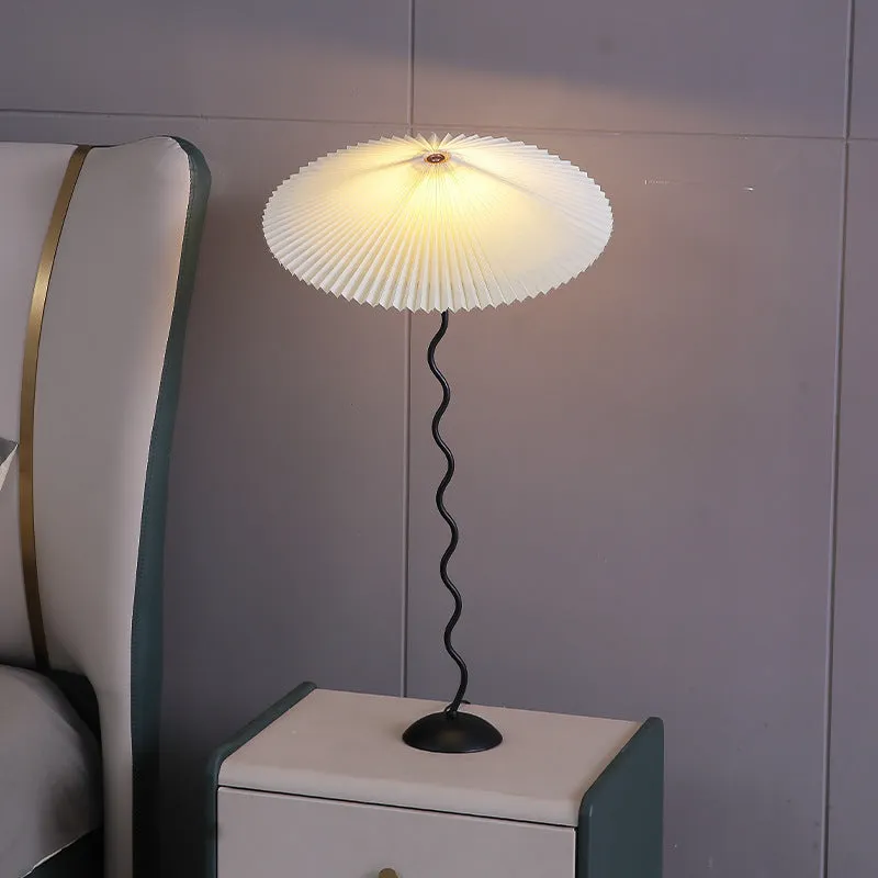 Retro pleated fabric umbrella lampshade bedside lamp with iron body in brown colour 600x430mm 12W
