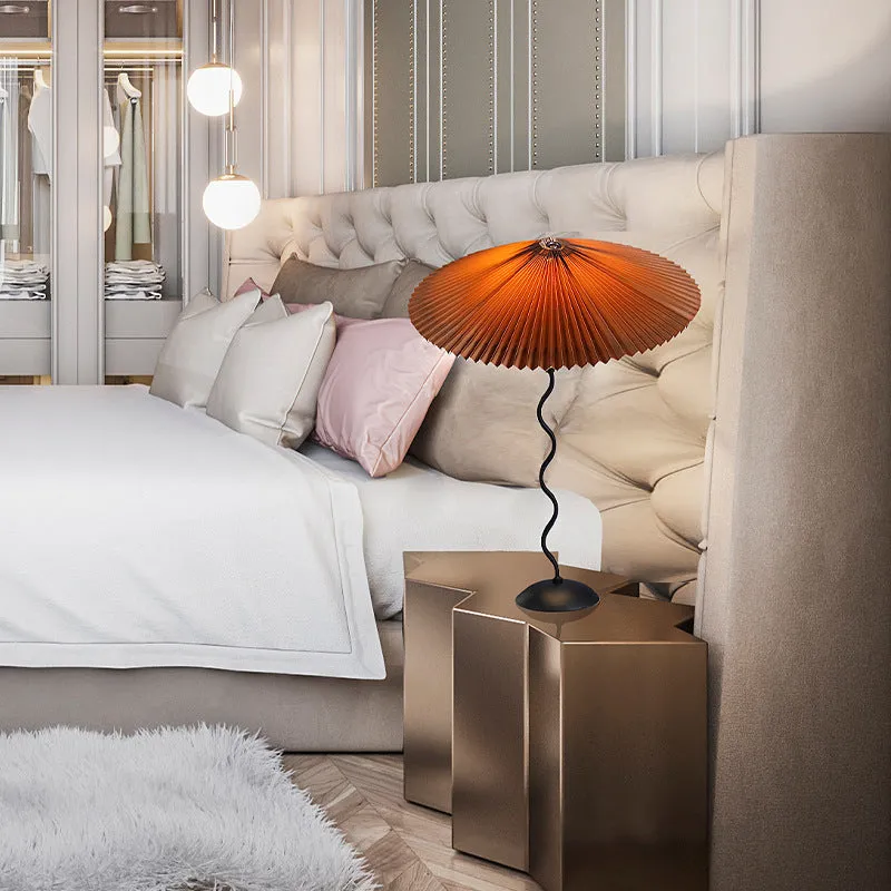 Retro pleated fabric umbrella lampshade bedside lamp with iron body in brown colour 600x430mm 12W