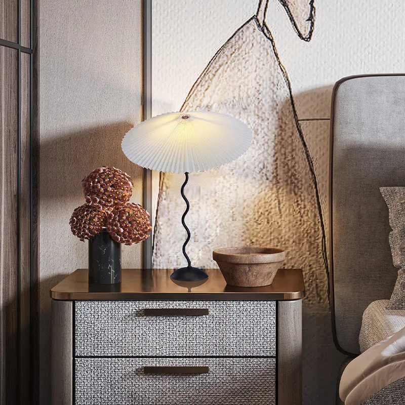 Retro pleated fabric umbrella lampshade bedside lamp with iron body in brown colour 600x430mm 12W