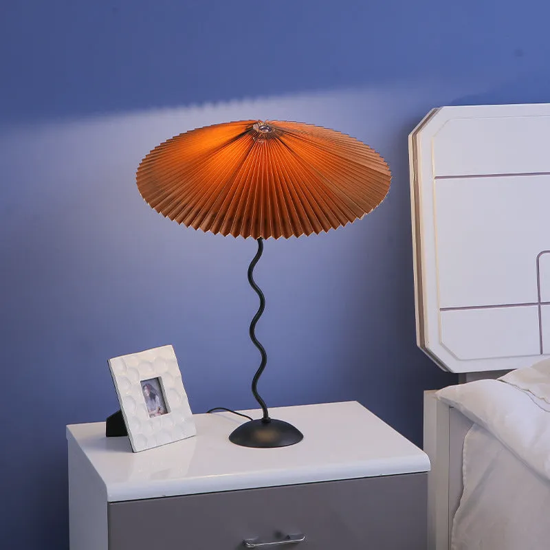 Retro pleated fabric umbrella lampshade bedside lamp with iron body in brown colour 600x430mm 12W