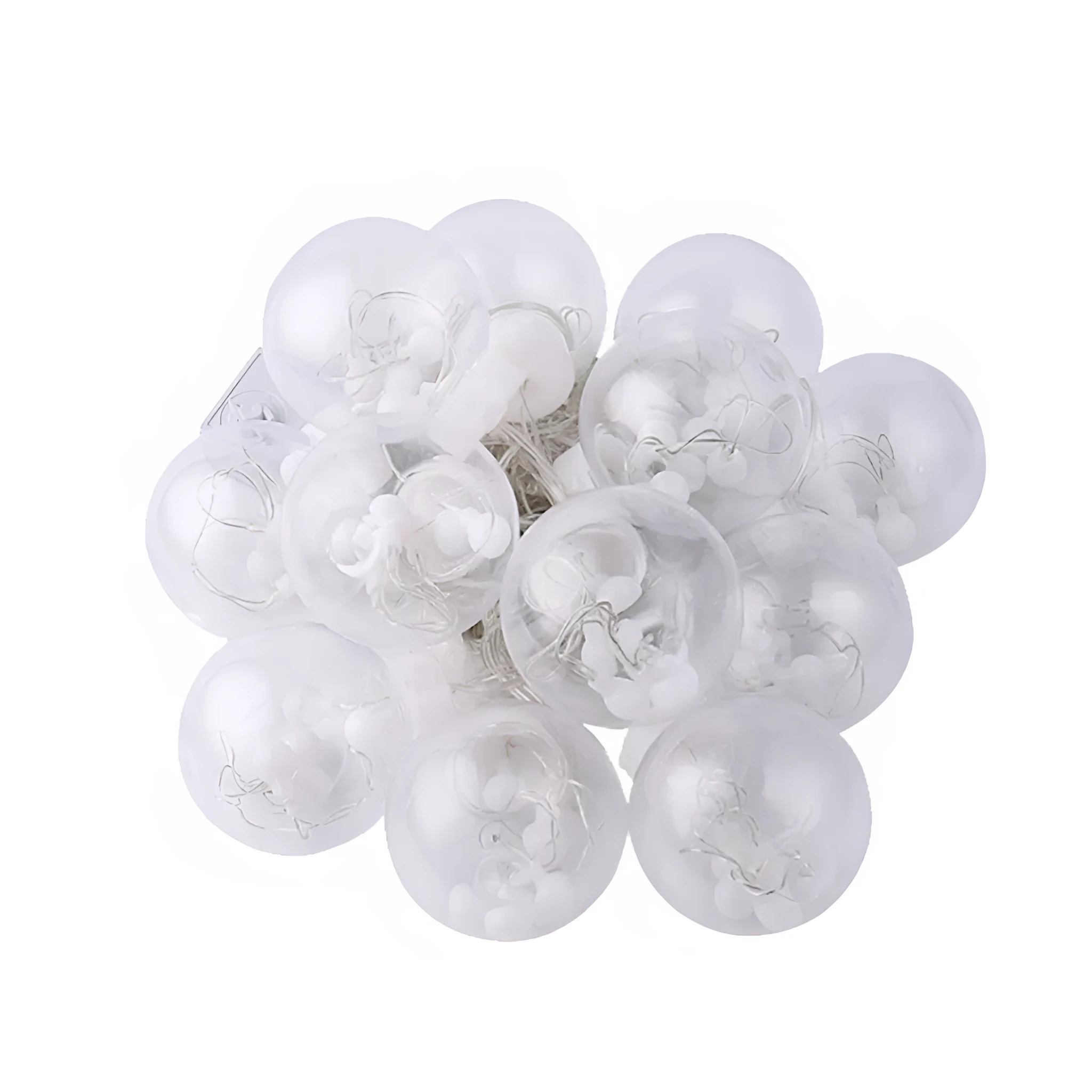 2.5 metre 108 LED curtain light string in warm white mode on a dark background showing plastic shell and plug-in cable