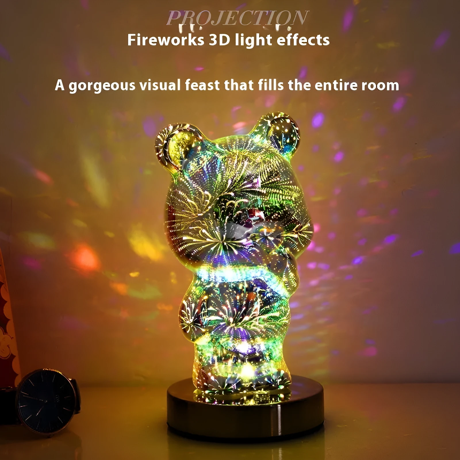 3D glass finger bear bedside lamp with multicoloured fireworks lighting effect