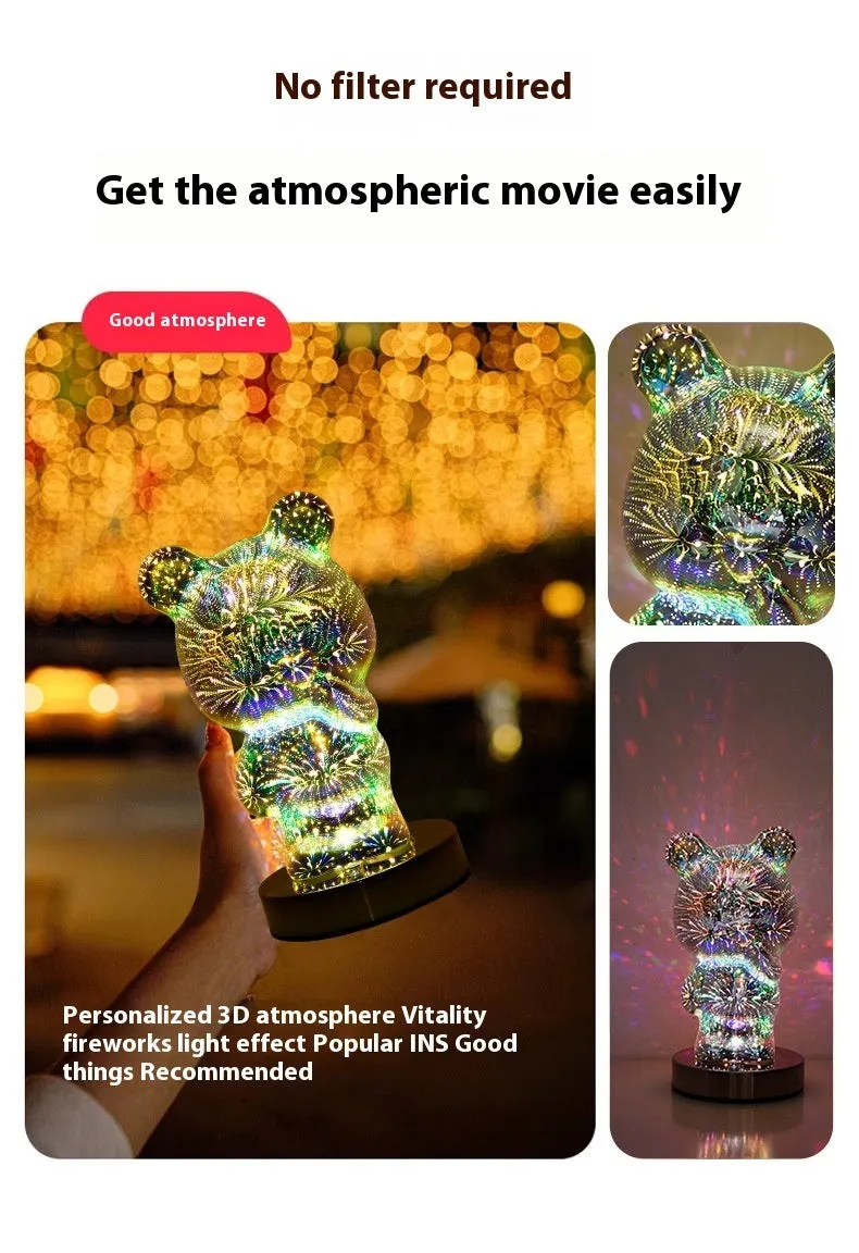 3D glass finger bear bedside lamp with multicoloured fireworks lighting effect