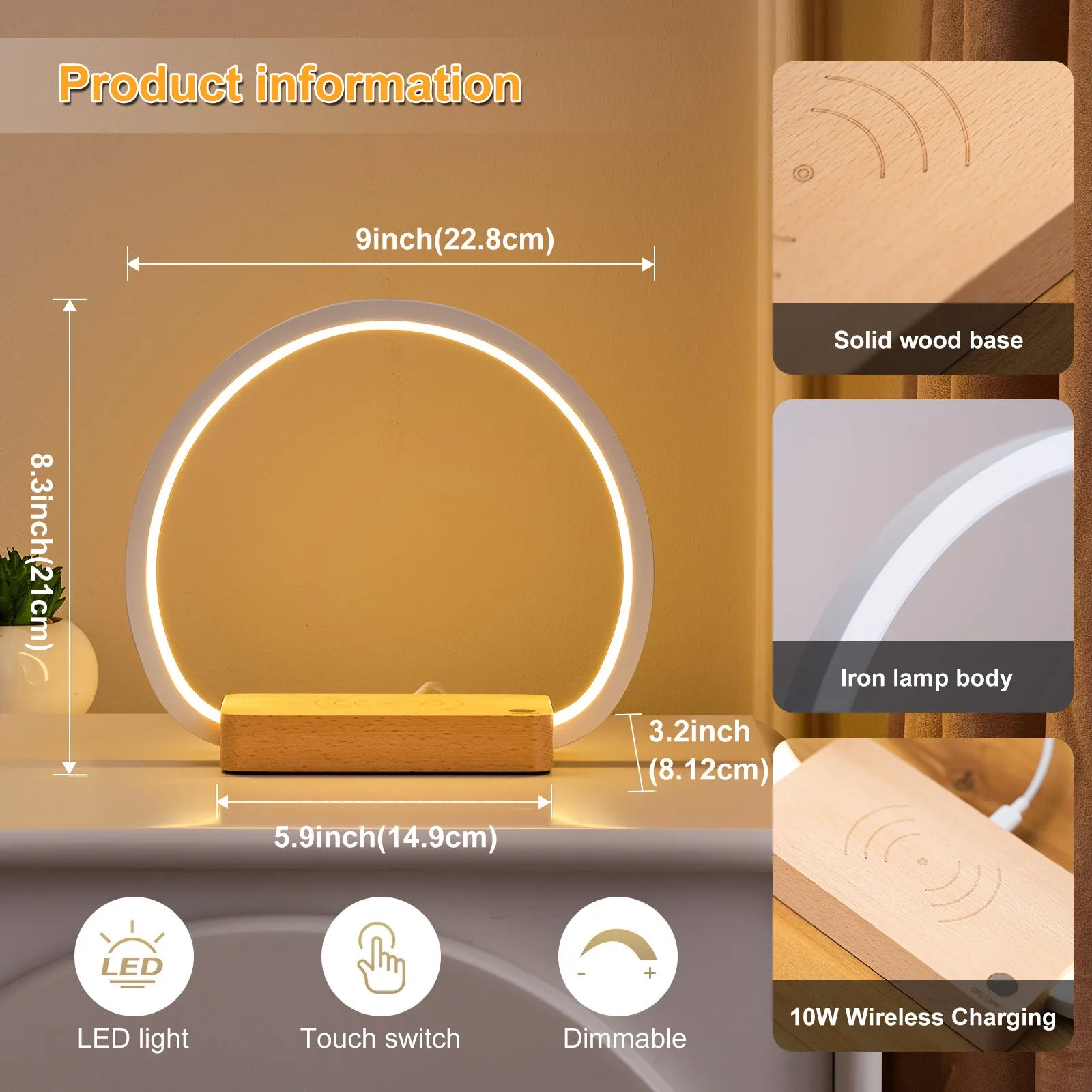 Wireless fast charging touch night light with solid wood base, USB powered, European style desk lamp Type A