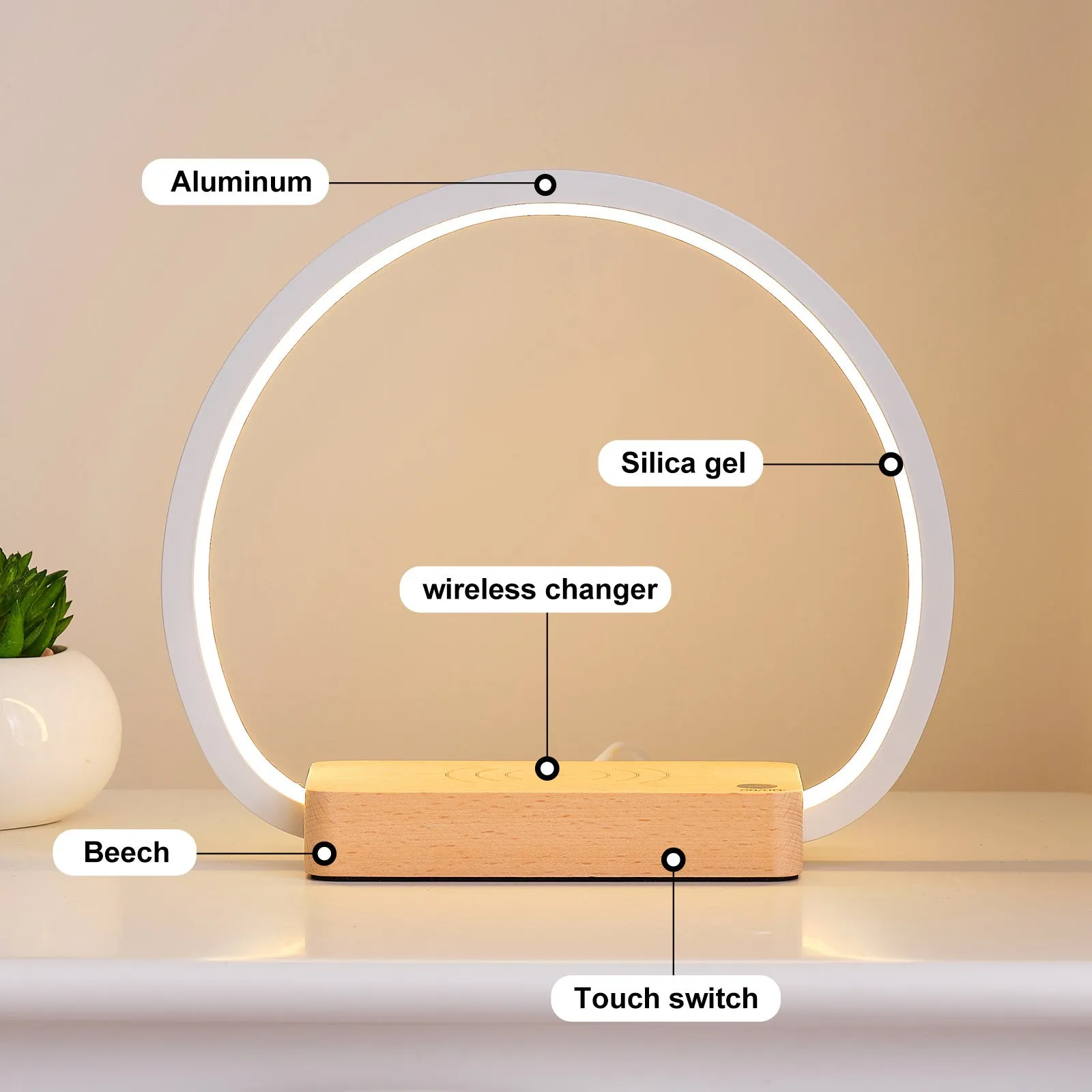 Wireless fast charging touch night light with solid wood base, USB powered, European style desk lamp Type A