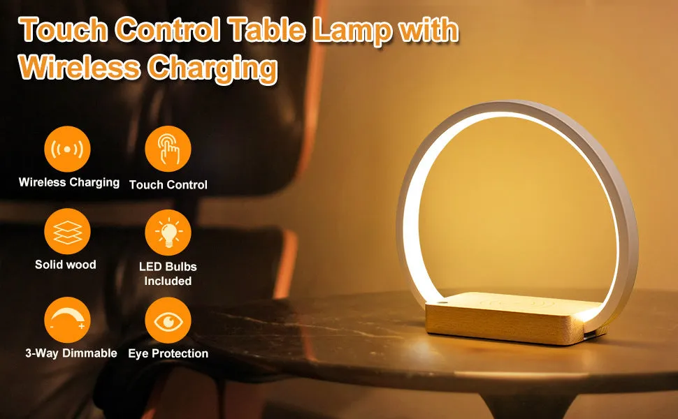 Wireless fast charging touch night light with solid wood base, USB powered, European style desk lamp Type A