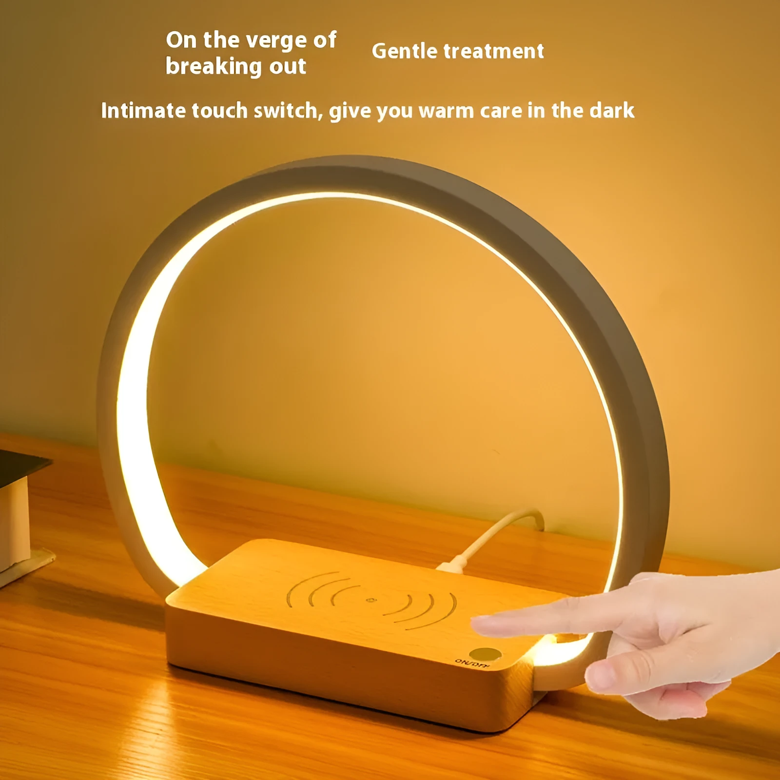 Wireless fast charging touch night light with solid wood base, USB powered, European style desk lamp Type A