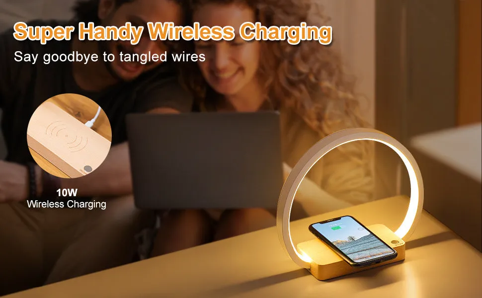 Wireless fast charging touch night light with solid wood base, USB powered, European style desk lamp Type A