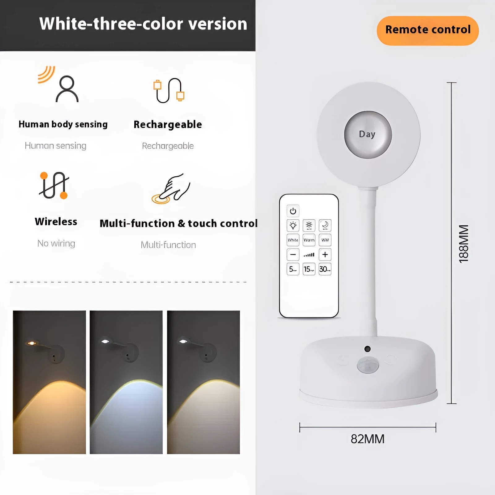 Modern geometric rechargeable wireless wall lamp spotlight in white or black with remote control