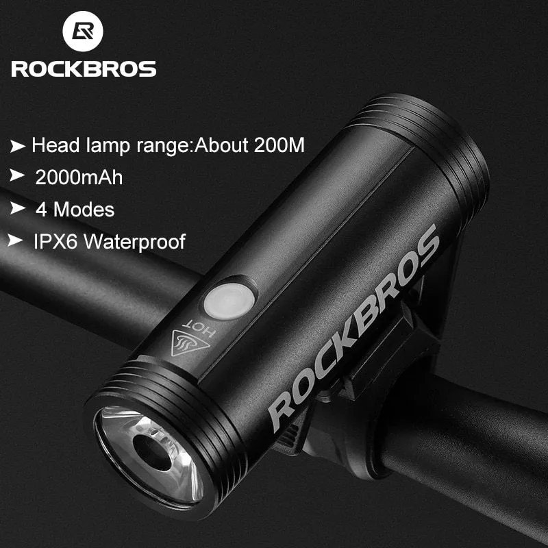ROCKBROS R1 black aluminium alloy bicycle headlight with 400 or 800 lumen output and IPX6 waterproof rating