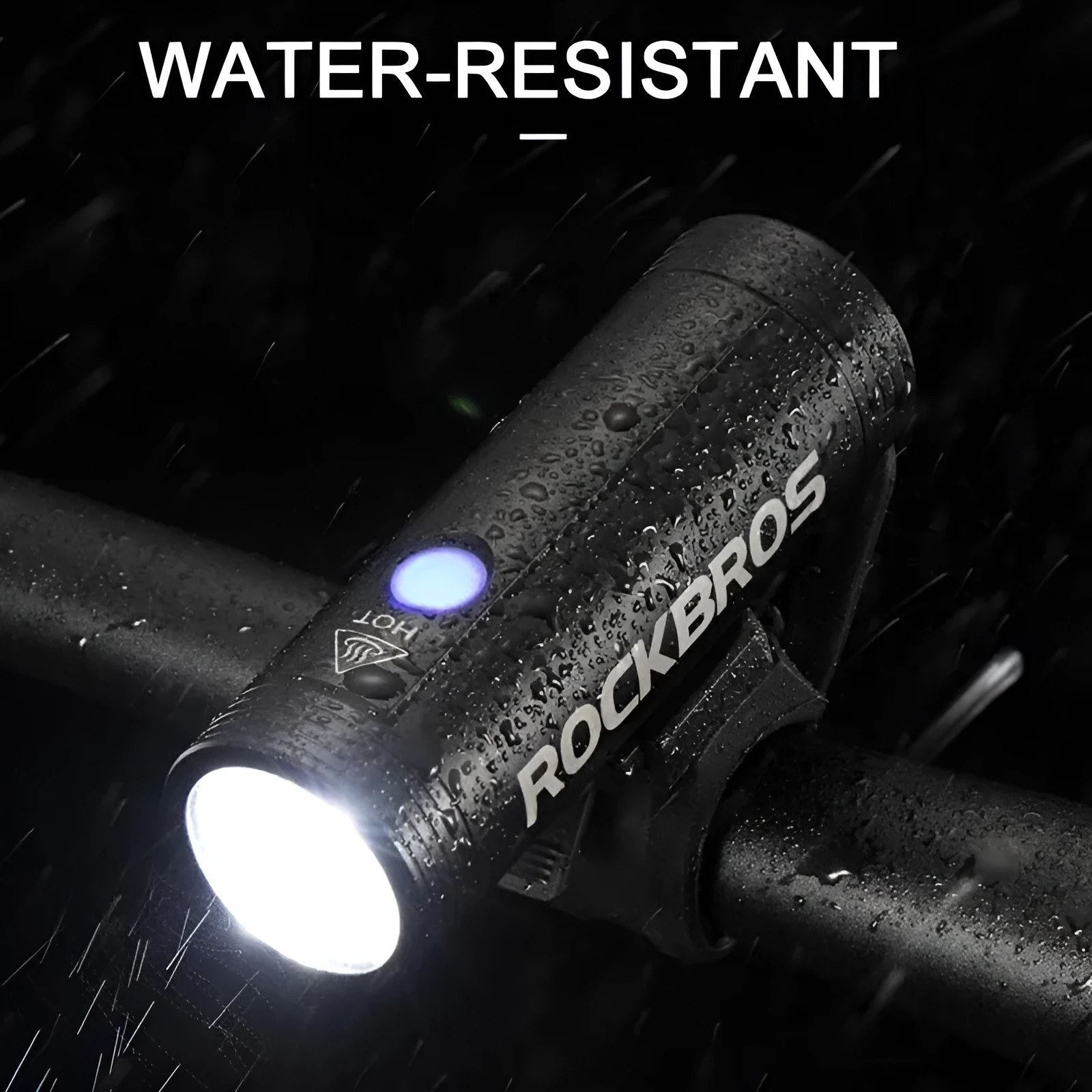 ROCKBROS R1 black aluminium alloy bicycle headlight with 400 or 800 lumen output and IPX6 waterproof rating