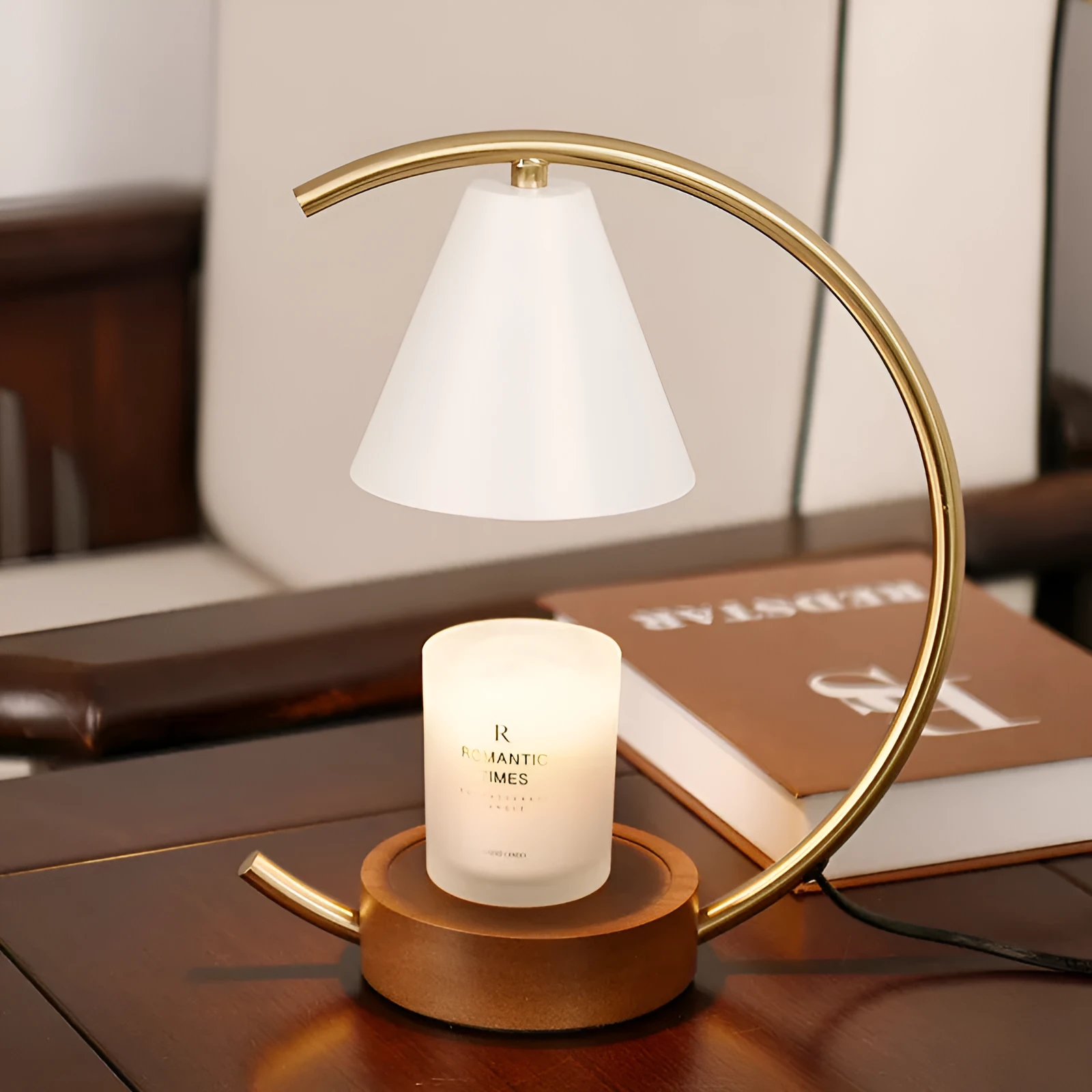 Wooden base fused candle lamp with solid wood walnut base and white lampshade for bedroom table