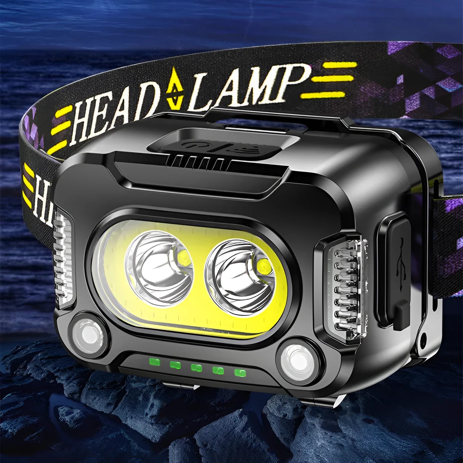 Black COB light sensing headlamp for night running and fishing with 200m exposure distance