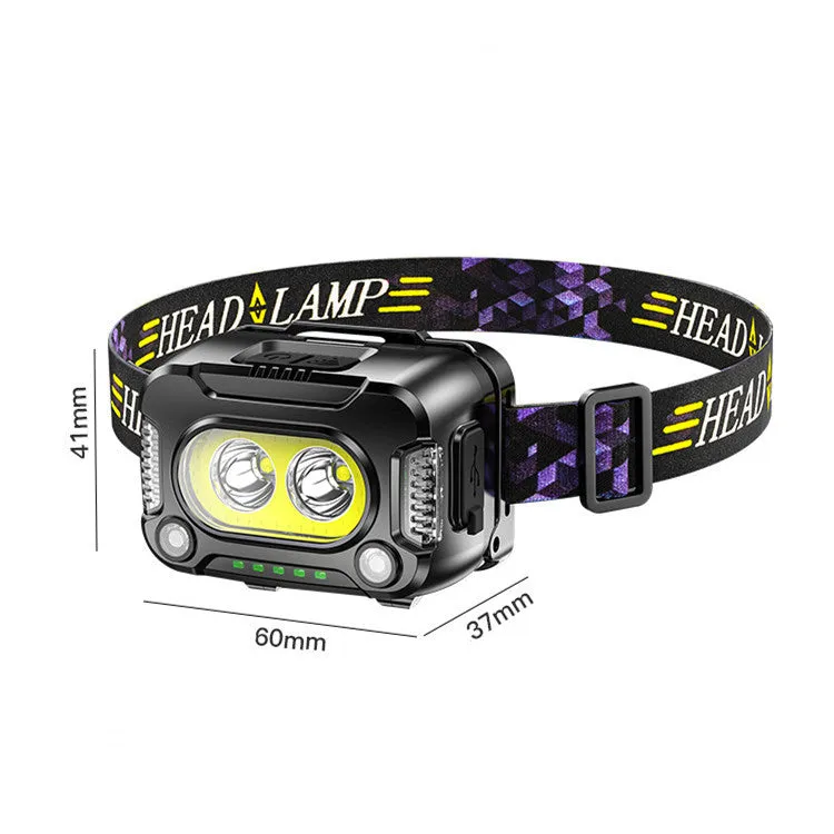 Black COB light sensing headlamp for night running and fishing with 200m exposure distance