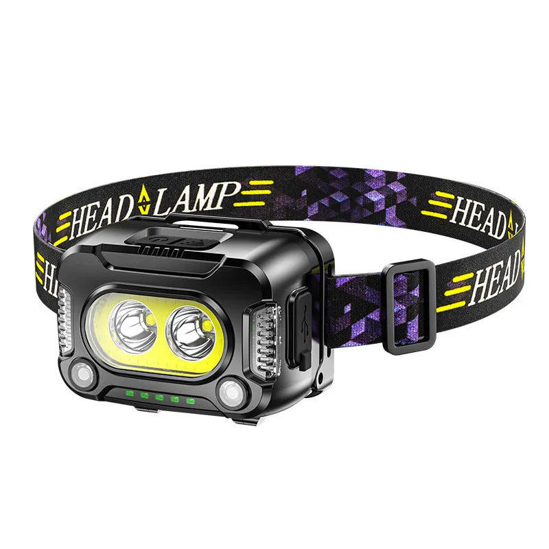 Black COB light sensing headlamp for night running and fishing with 200m exposure distance