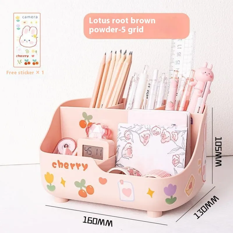 Student desktop pencil case plastic 5-grid storage box in milky white with stickers and patch