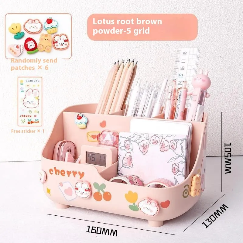 Student desktop pencil case plastic 5-grid storage box in milky white with stickers and patch