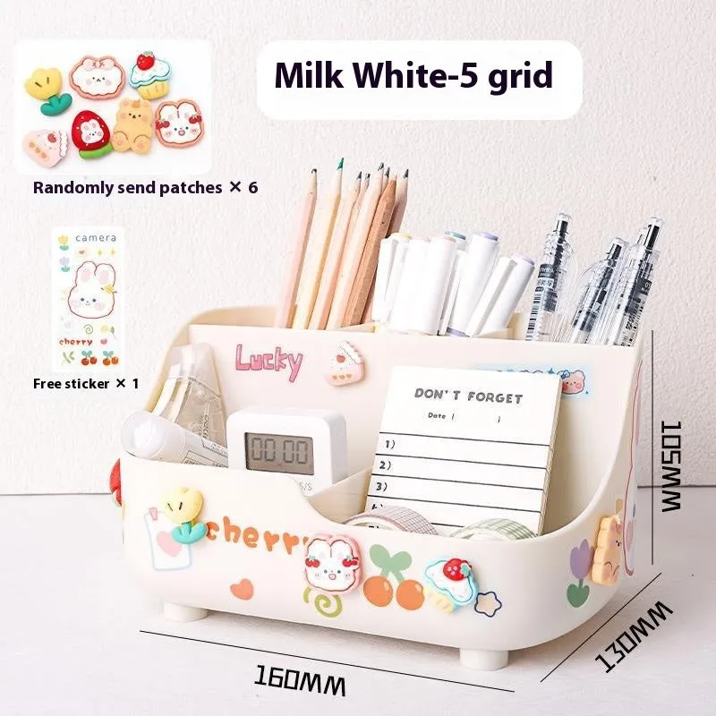 Student desktop pencil case plastic 5-grid storage box in milky white with stickers and patch