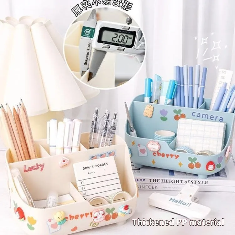 Student desktop pencil case plastic 5-grid storage box in milky white with stickers and patch