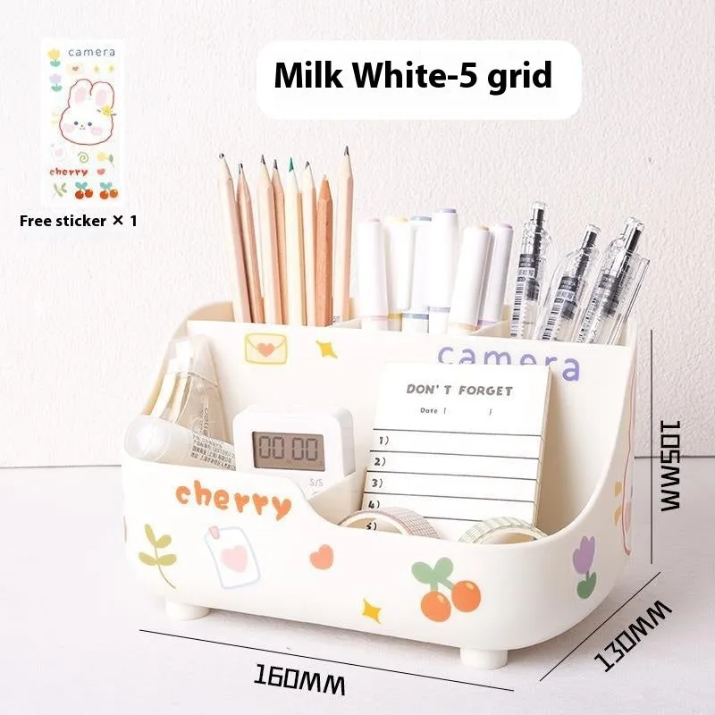 Student desktop pencil case plastic 5-grid storage box in milky white with stickers and patch