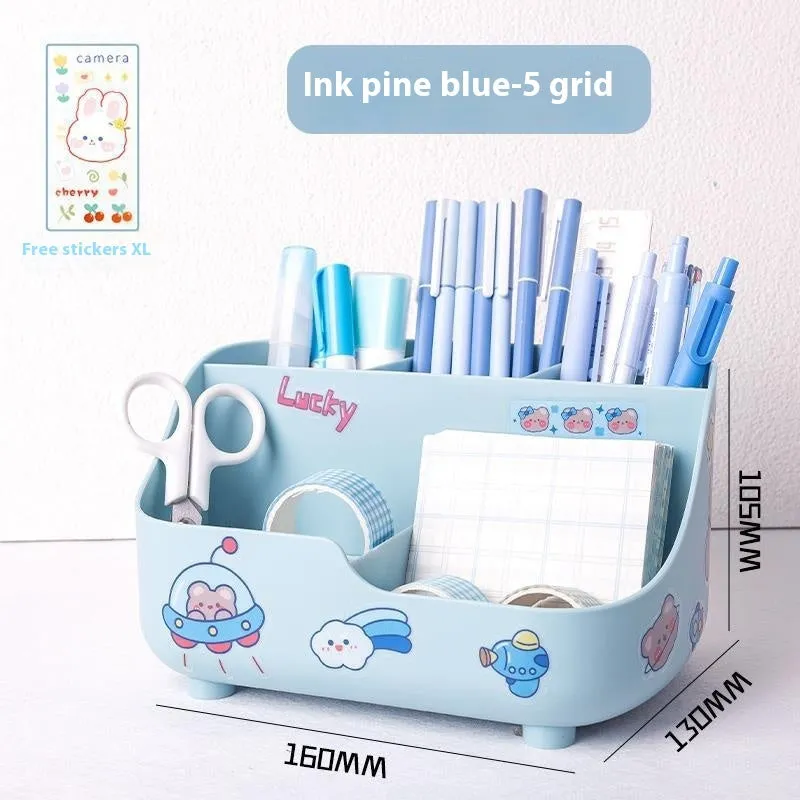 Student desktop pencil case plastic 5-grid storage box in milky white with stickers and patch