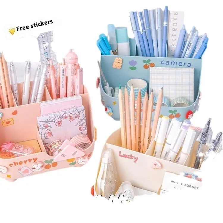 Student desktop pencil case plastic 5-grid storage box in milky white with stickers and patch