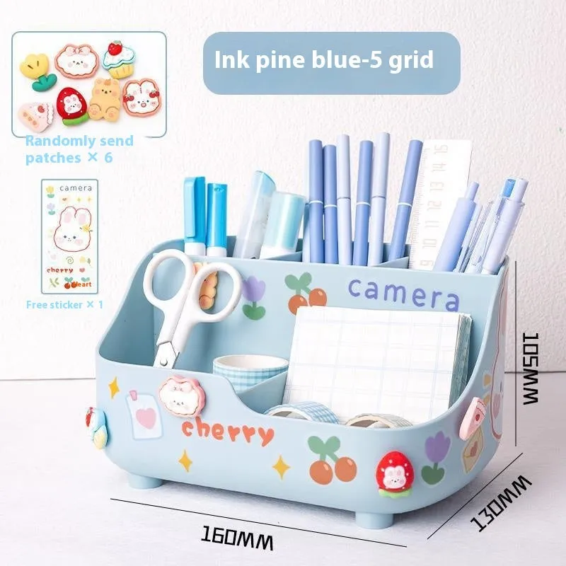 Student desktop pencil case plastic 5-grid storage box in milky white with stickers and patch