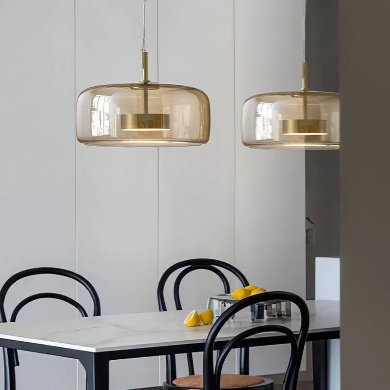 Simple glass chandelier with LED warm light in Cognac colour for living room ceiling installation