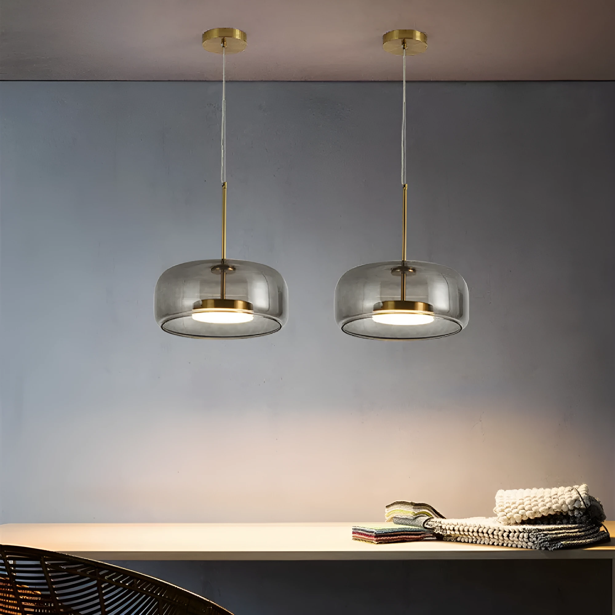 Simple glass chandelier with LED warm light in Cognac colour for living room ceiling installation