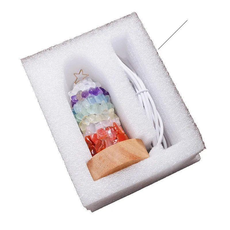 Natural crystal gravel small night lamp with USB cord, showing geometric crystals in cold light setting