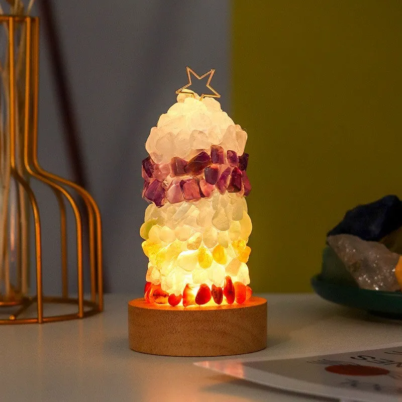 Natural crystal gravel small night lamp with USB cord, showing geometric crystals in cold light setting
