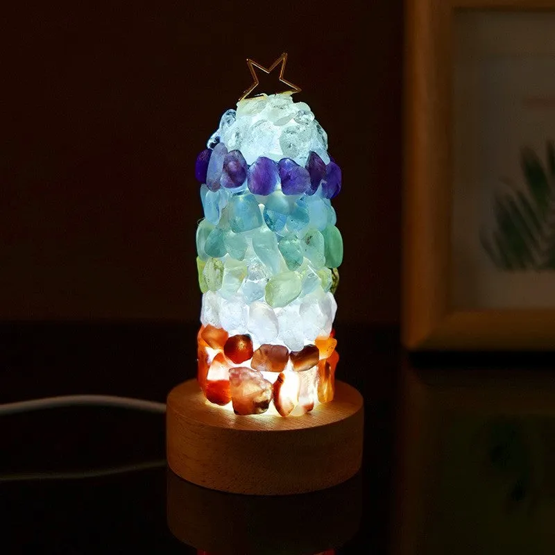 Natural crystal gravel small night lamp with USB cord, showing geometric crystals in cold light setting