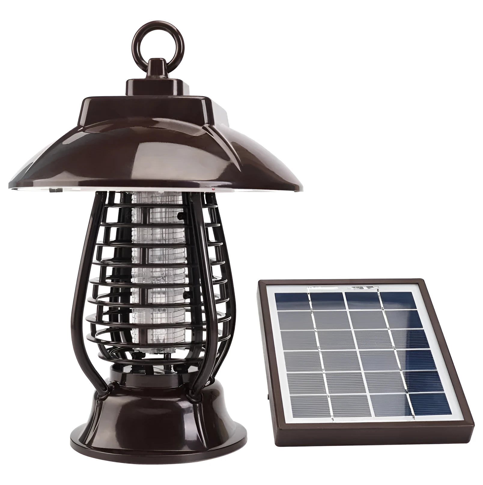 White and black solar-powered outdoor mosquito lamp with solar panel on top and LED light body.